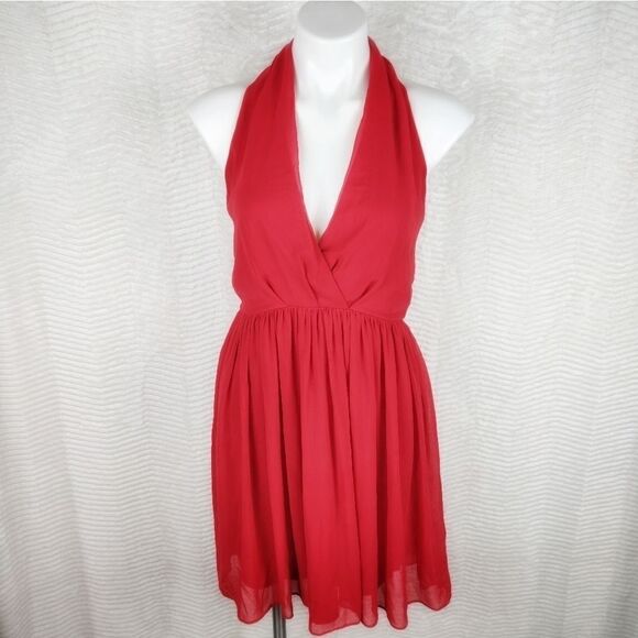 ASOS Red Chiffon Halter Mini Swing Dress Size 8 - Picture 1 of 7